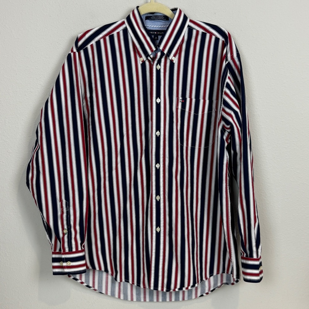 Vintage Tommy Hilfiger Red White Blue Striped Shirt M